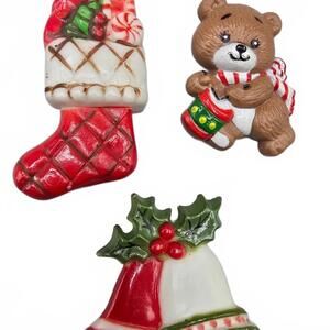 Vintage Christmas Pins Bells Stocking Bear